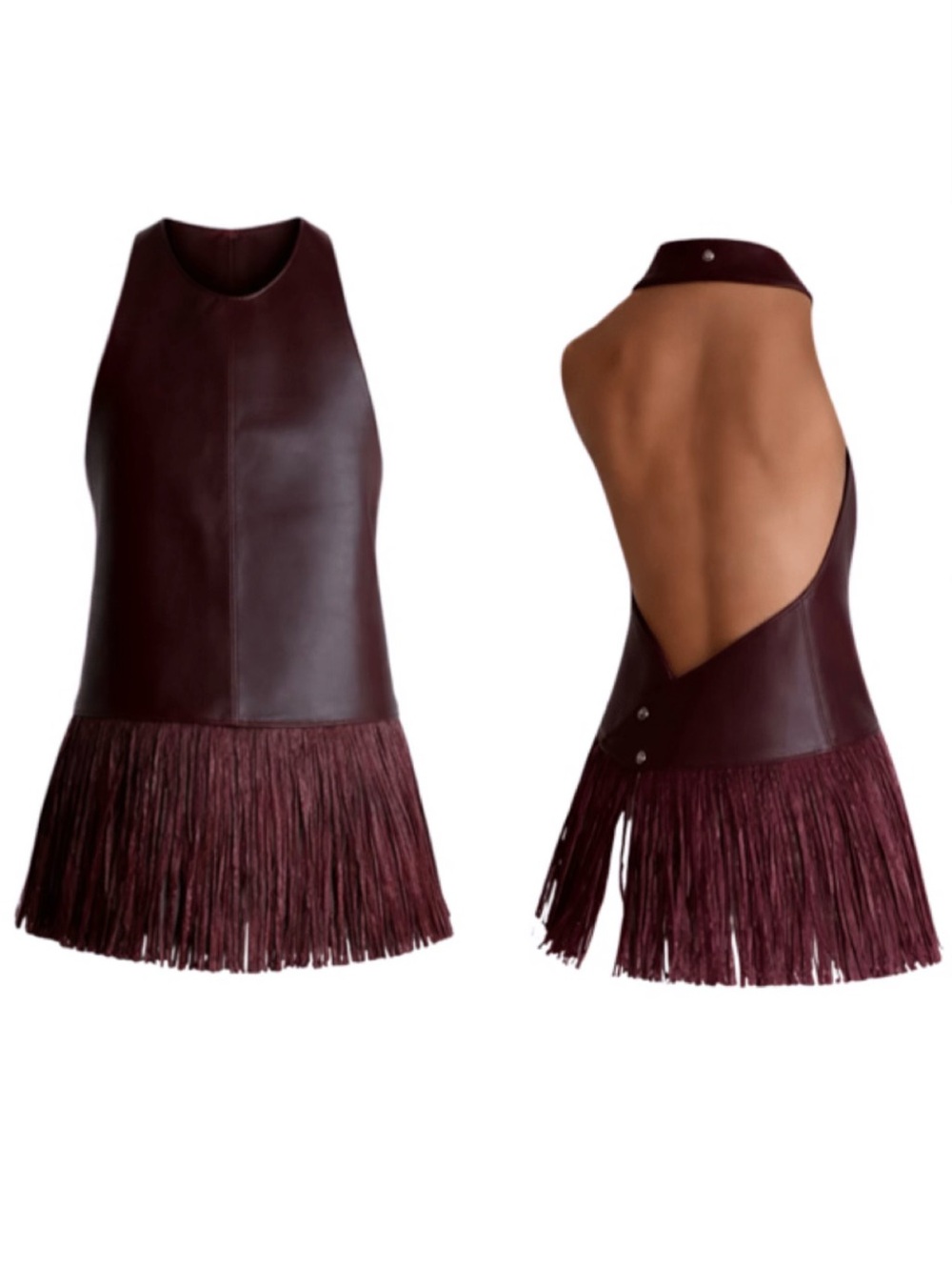 Open-Back Fringe Mini Dress in Burgundy Leather